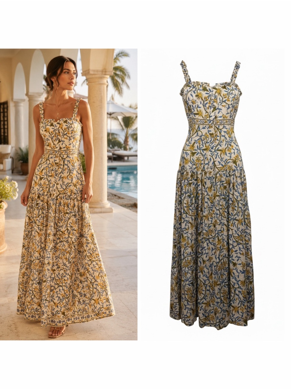 Agua by Agua Bendita Cream Floral Linen Maxi Dress Avellana M Resort NWT 🟠